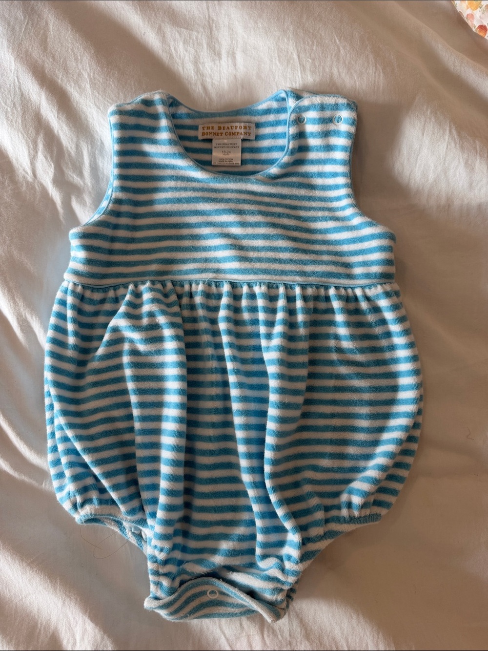 The Beaufort Bonnet Company Blue and White Striped Baby Bubble Romper